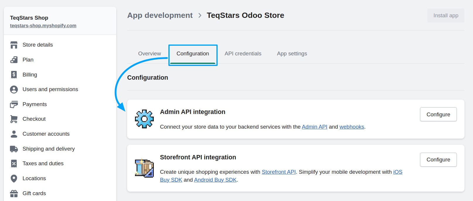 Configuration tab and select Configure in the Admin API Integration section