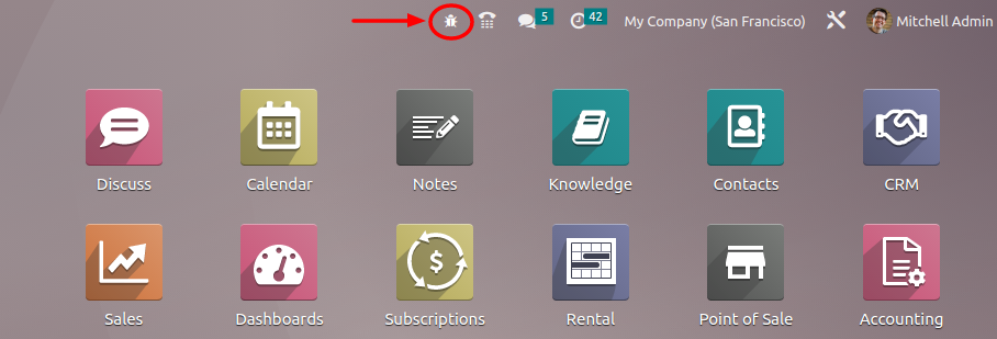 Overview of a console page and the debug icon being shown in Odoo.