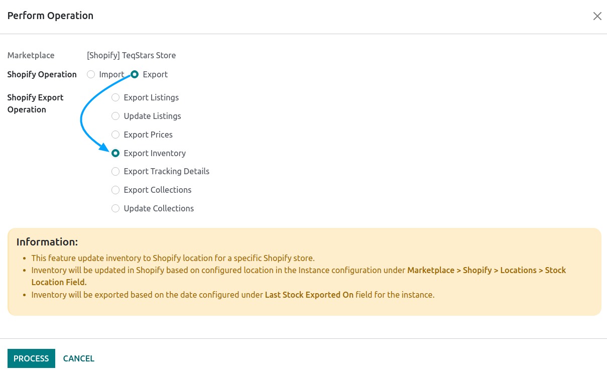 Export Inventory Operation Screen