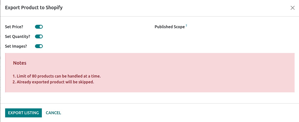 Export Listing Option Popup