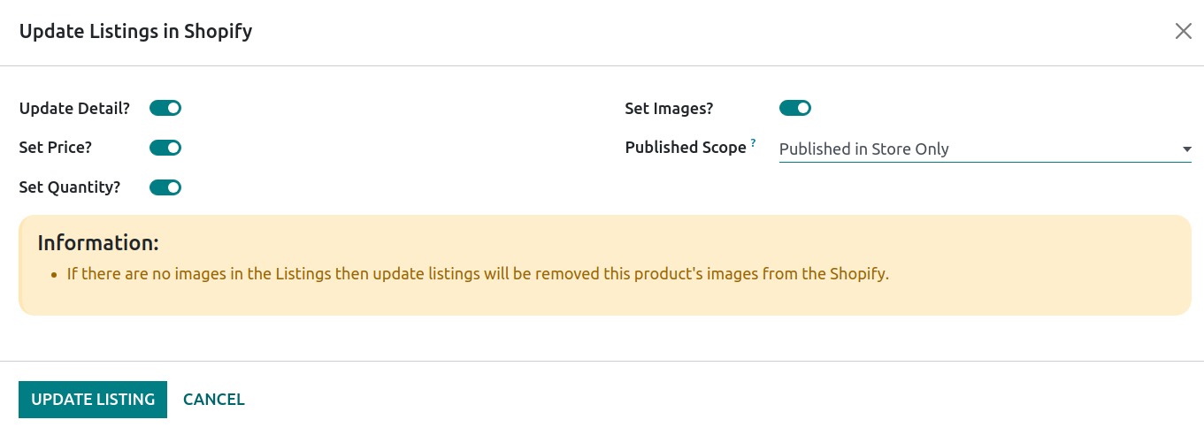 Update listings Option Popup
