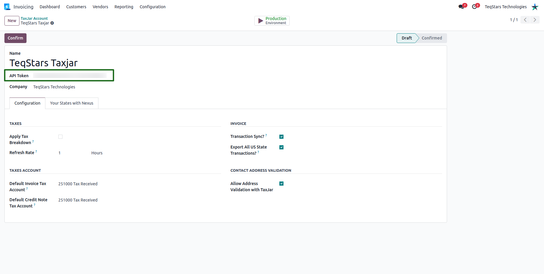 Enter the API token in the TaxJar Account on Odoo.