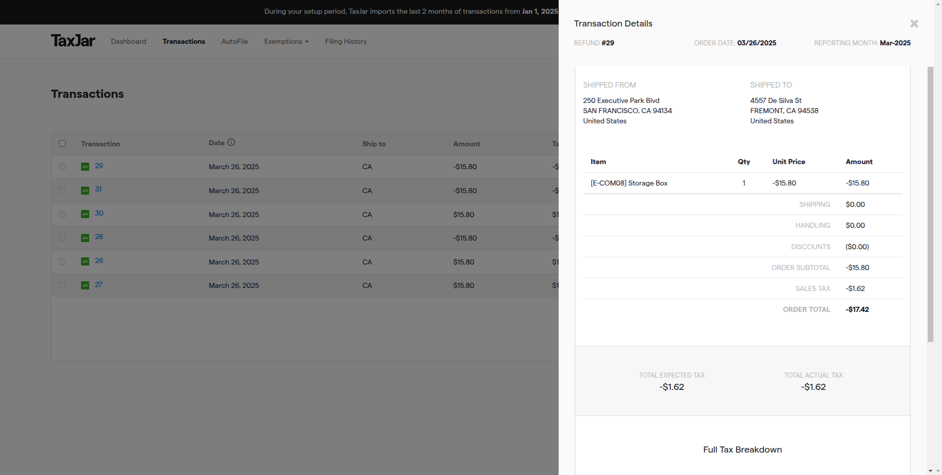 Exported Refund Invoice Odoo to TaxJar.