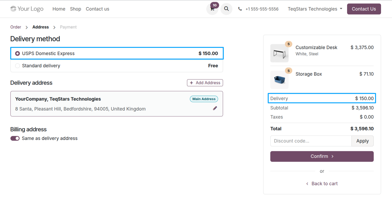Website Order Using Delivery Method