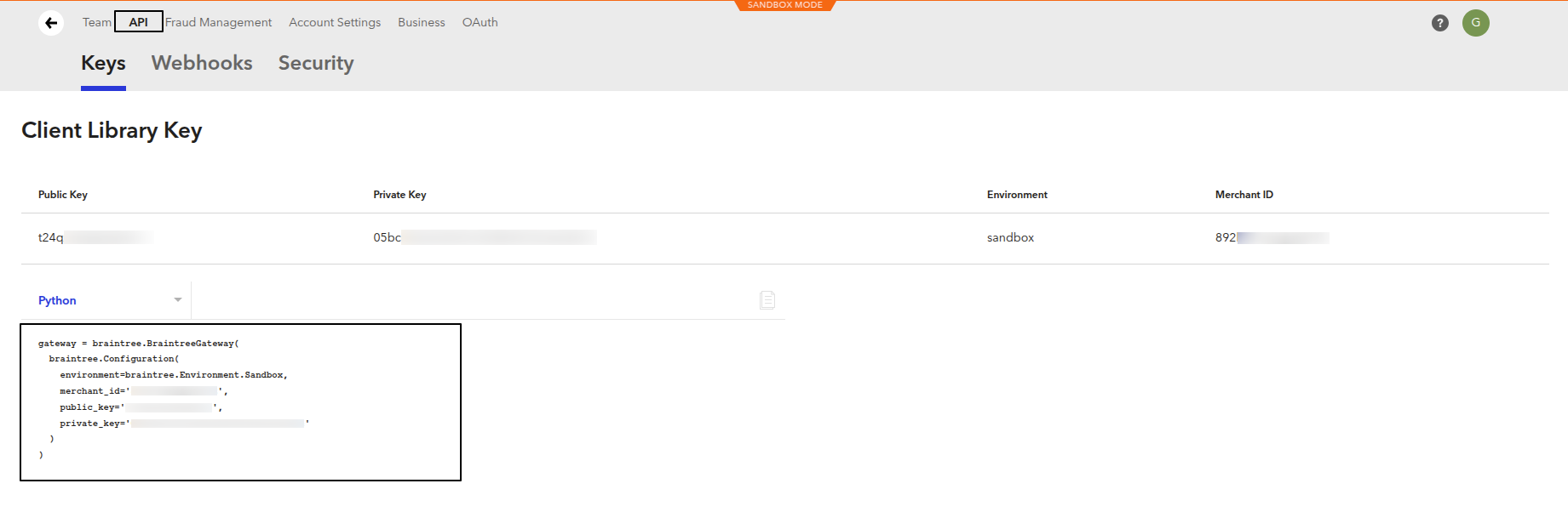 Braintree Control Panel API Keys