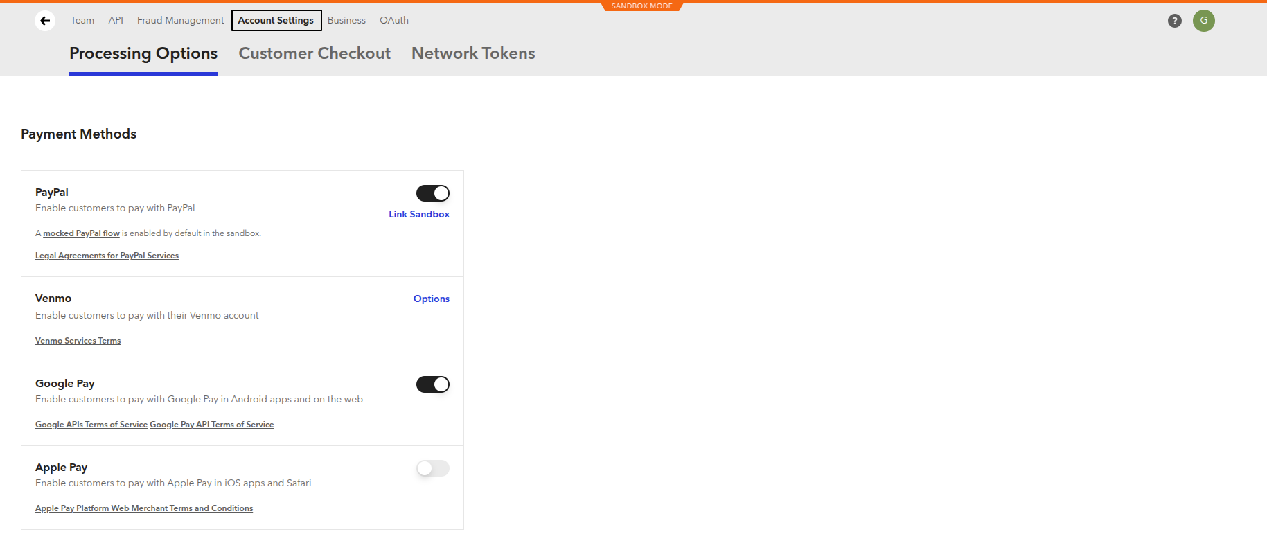 Braintree Control Panel Processing Options