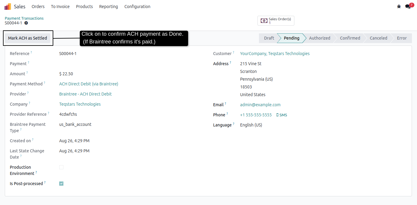 Mark ACH as Settled Button in Odoo Transaction