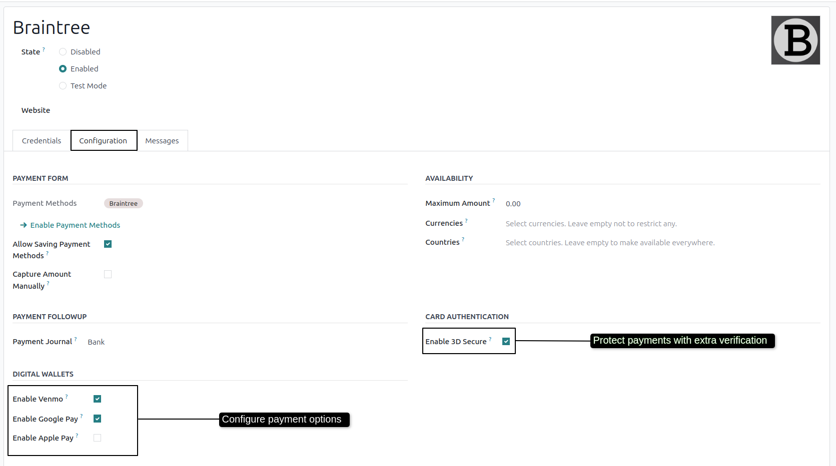 Braintree Cards Security and Wallets Options