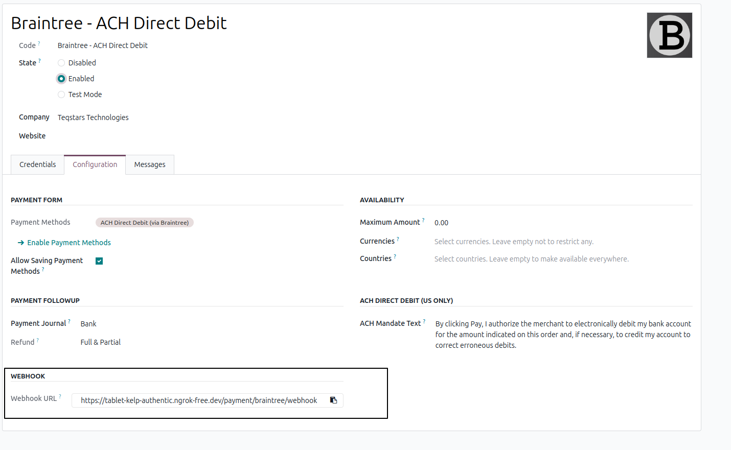 Braintree Control Panel Webhook Setup