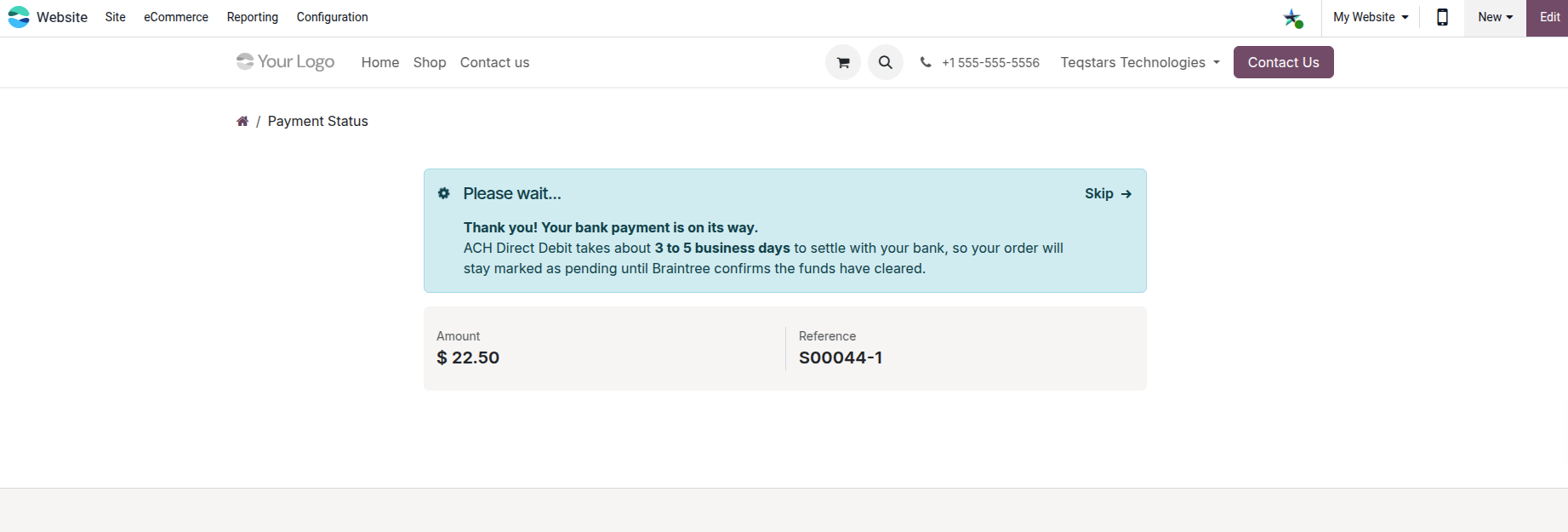 ACH Pending Payment Status Screen