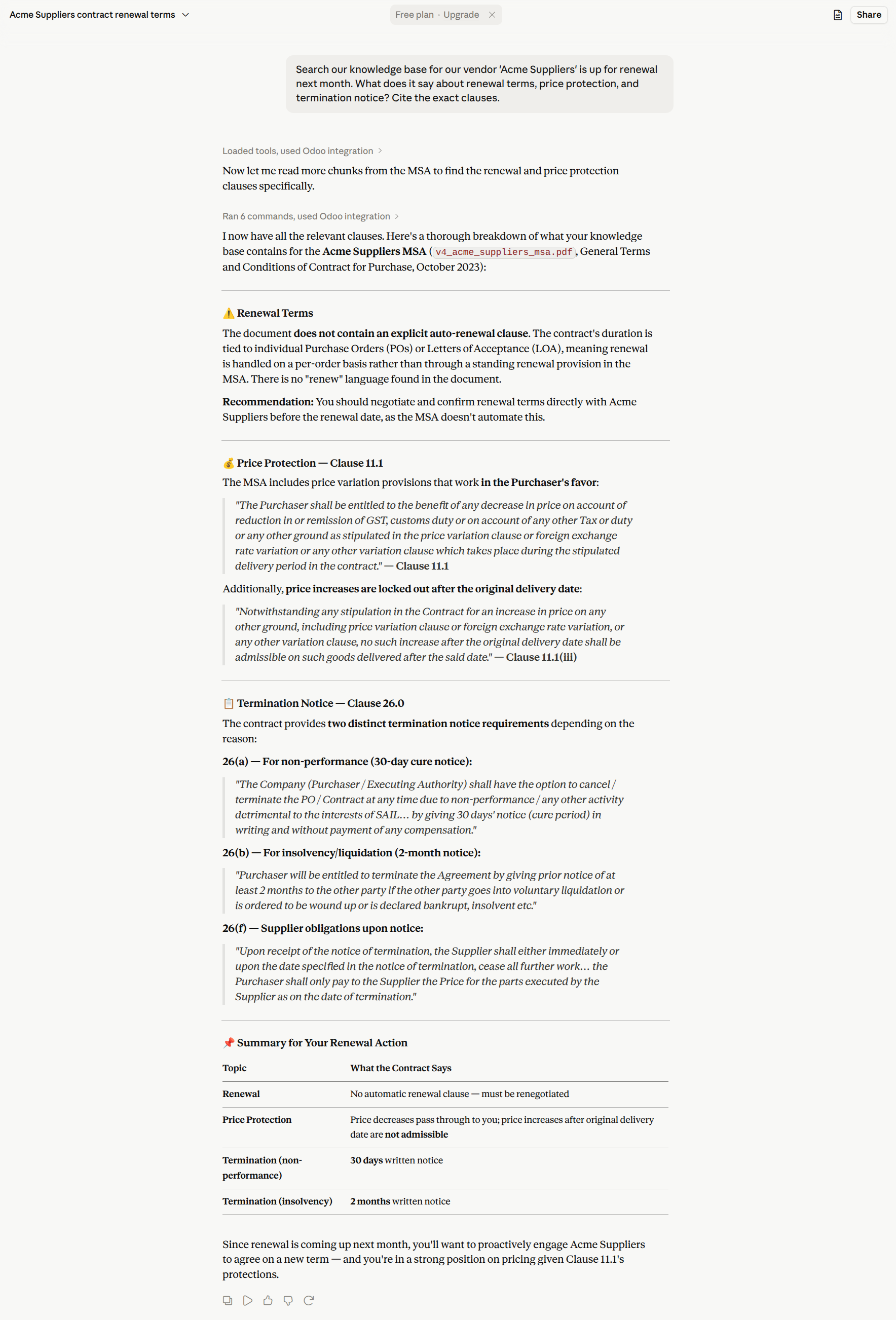 AI client conversation showing the AI answering a question with inline citations [1] and [2] that drill back into the underlying attachments