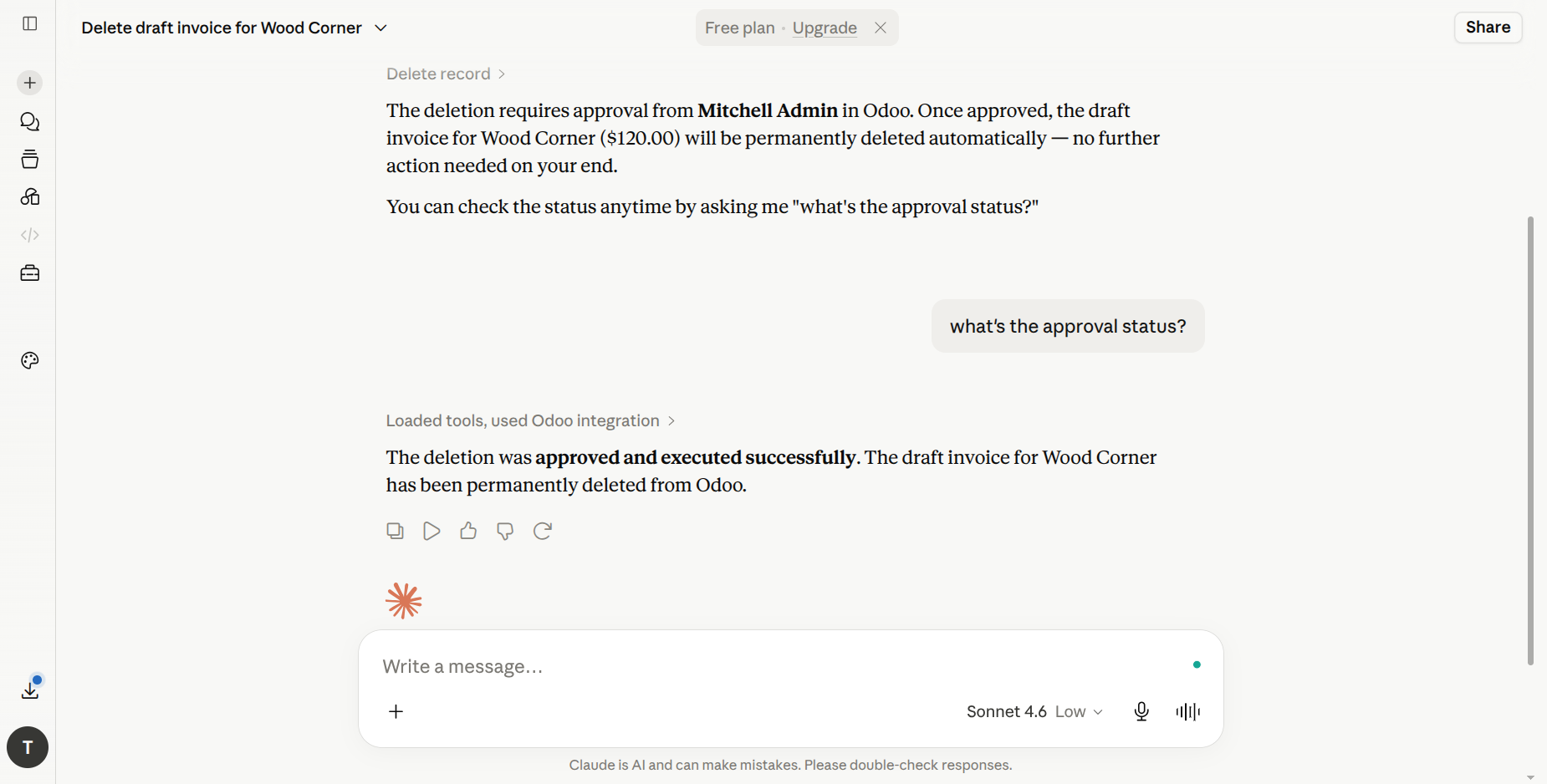 AI client conversation showing the "Approved — done. Here's the result:" follow-up after the approver acted