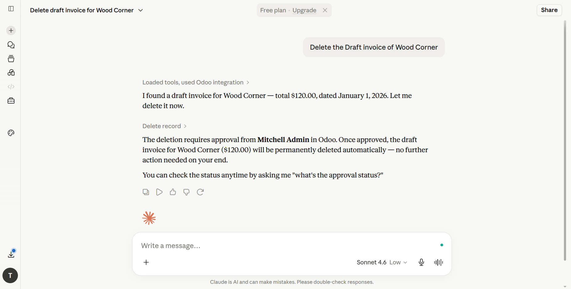 AI client conversation showing the "This action is awaiting Mitchell Admin approval" message
