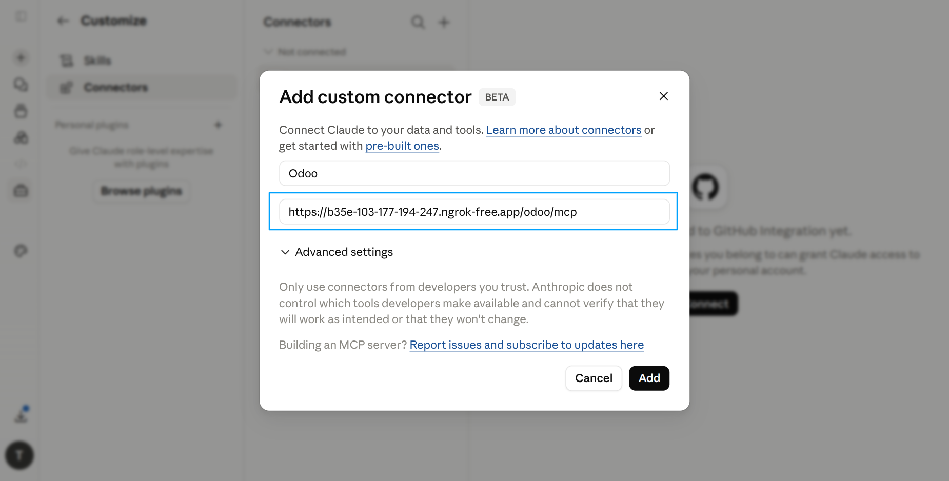 AI tool's "Add custom connector" / "MCP Server URL" dialog with the Odoo MCP endpoint URL pasted into the input field and the Connect / Add button visible