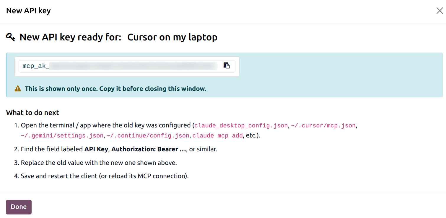 API key Connection form with the "Rotate Key" button visible in the header