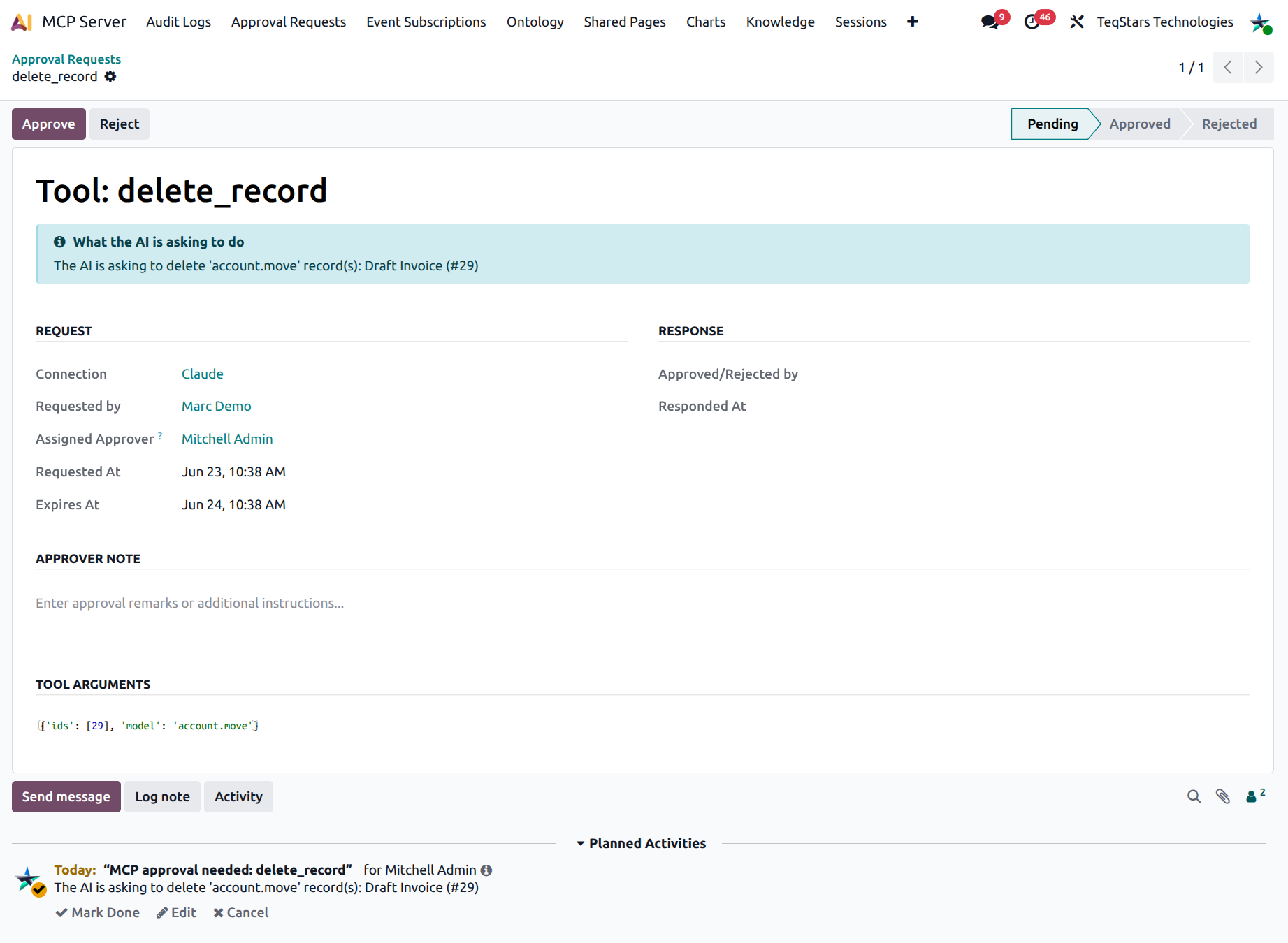 Approval Request form with the plain-English "What the AI is asking to do" banner, the Tool Arguments JSON, and the green Approve / red Reject buttons in the header