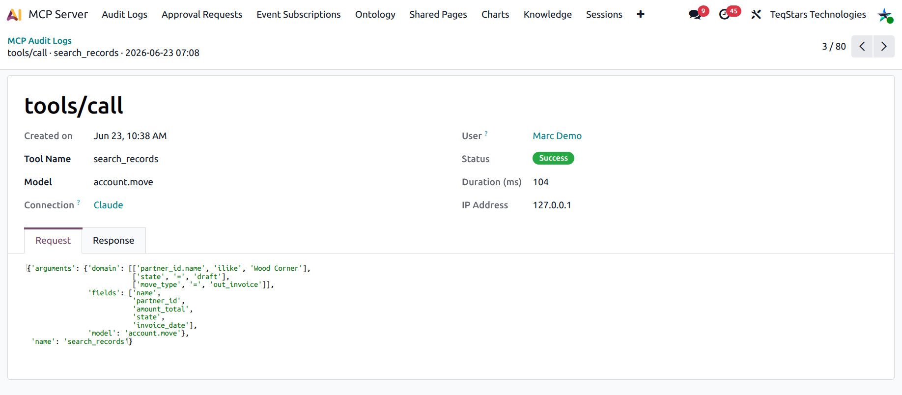 Audit Log form with the Request, Response, and Error tabs visible