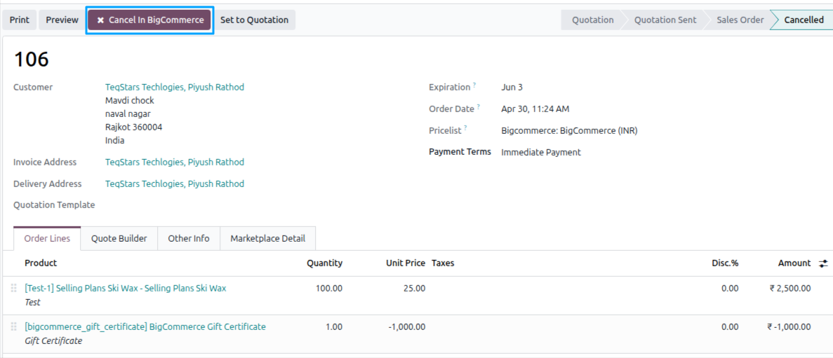 Cancel In BigCommerce button