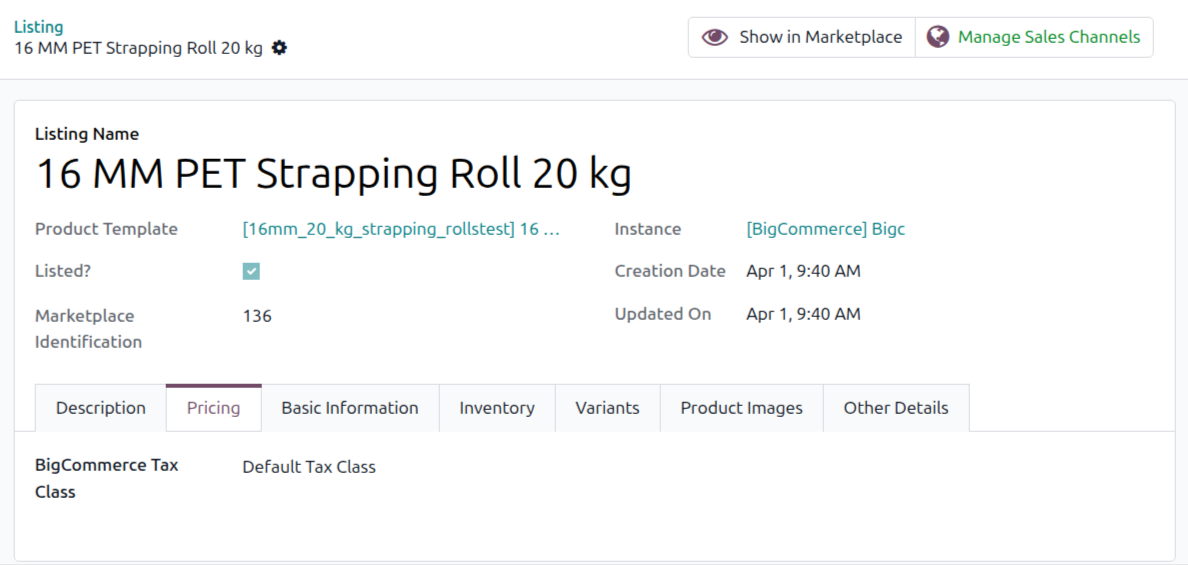 A listing form with the BigCommerce Tax Class field filled in