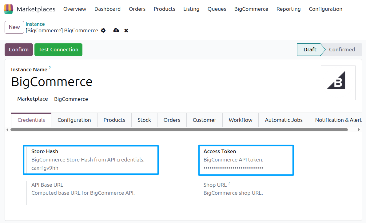 Paste BigCommerce credentials in the Instance Settings