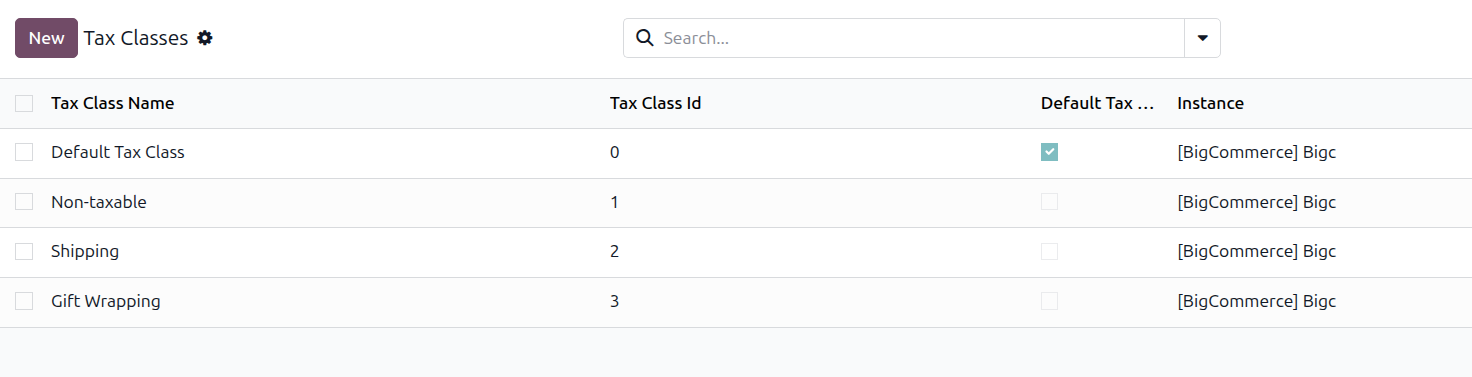 The Tax Classes list under Marketplaces, BigCommerce, Configuration, with imported tax classes