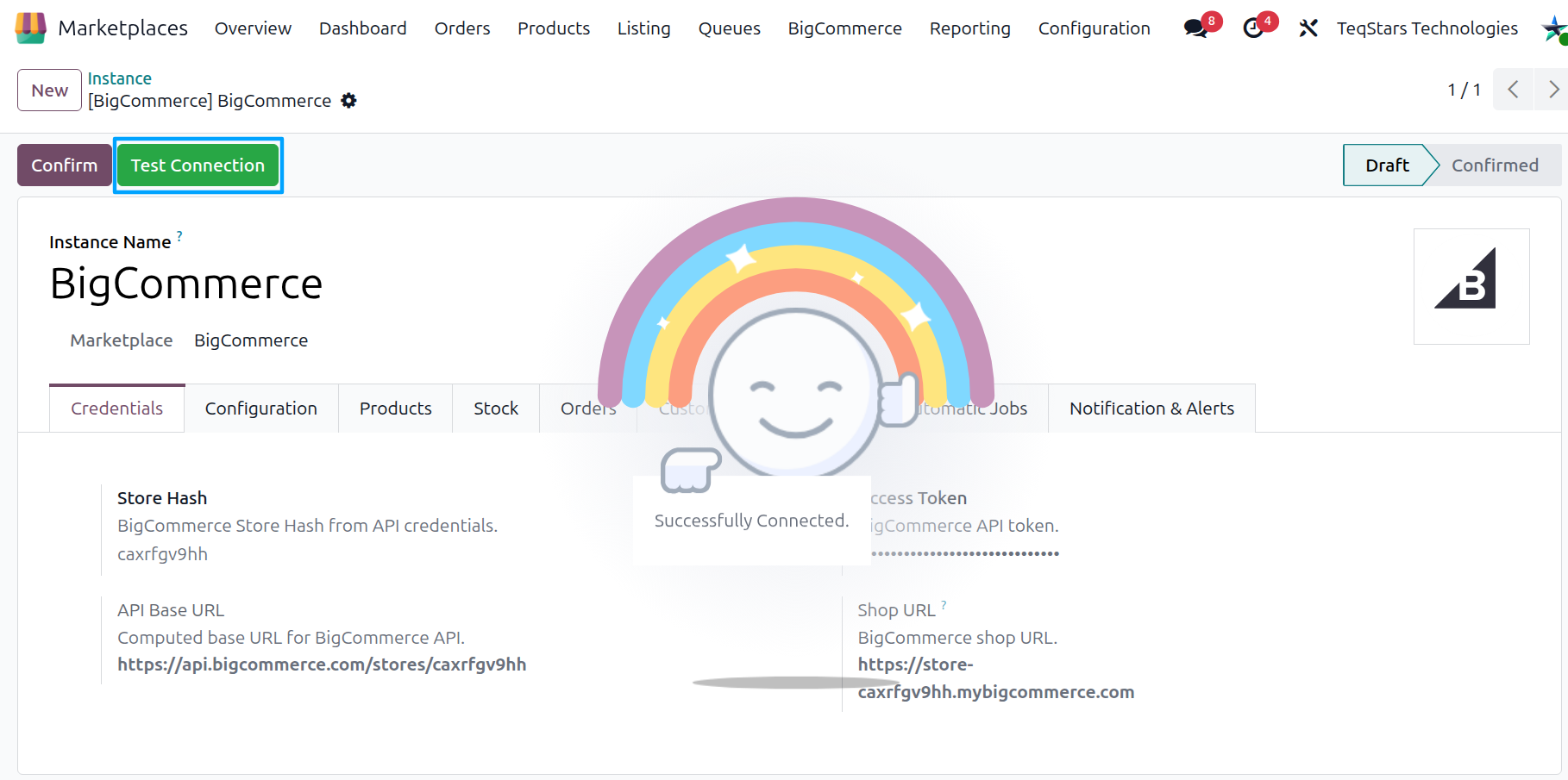 Test Connection button on the BigCommerce instance