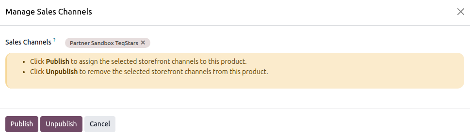 the sales channels wizard with the Sales Channels field and the Publish, Unpublish and Cancel buttons