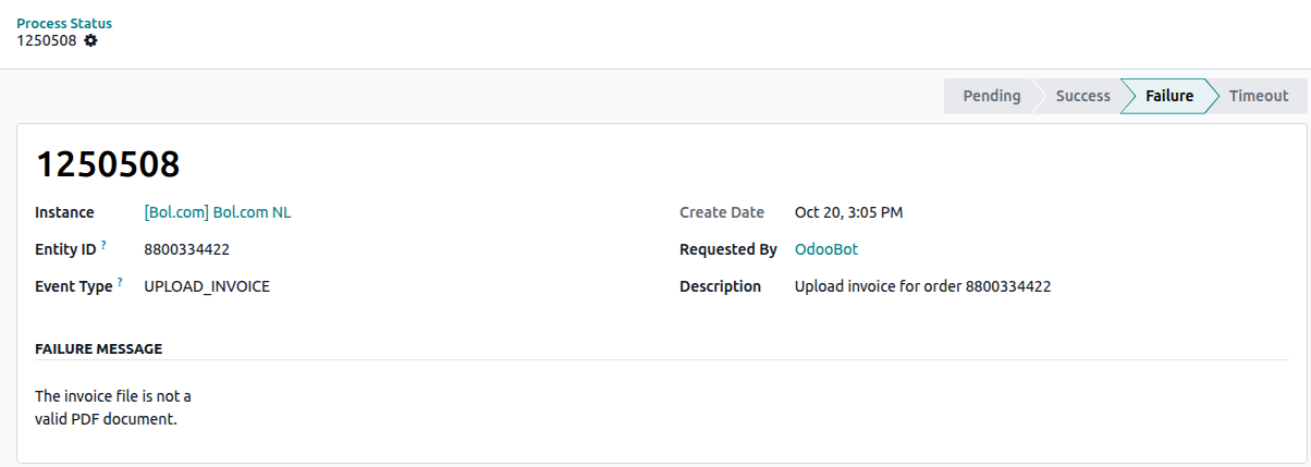 A process status record form showing the event type, entity ID, status and Failure Message