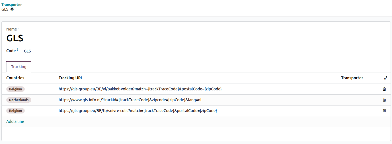 A transporter form with its name, code and the Tracking tab with countries and tracking URLs