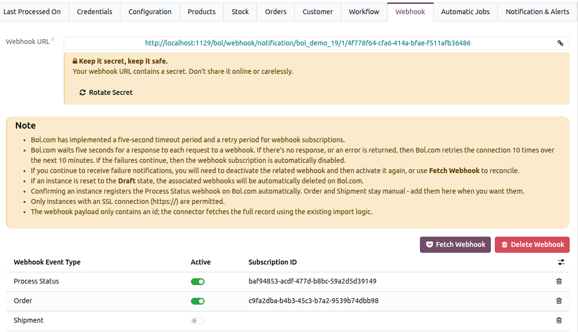 Webhook list with Webhook Event Type, Subscription ID (shown from the optional columns menu) and Active columns