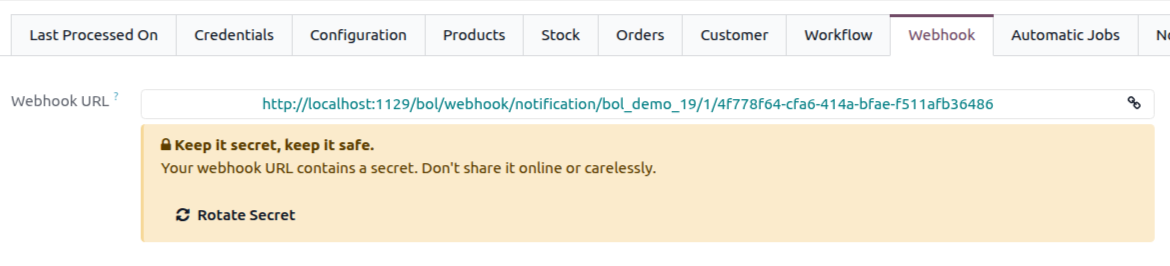 Webhook tab of a Bol.com instance showing the Webhook URL and the Webhook list