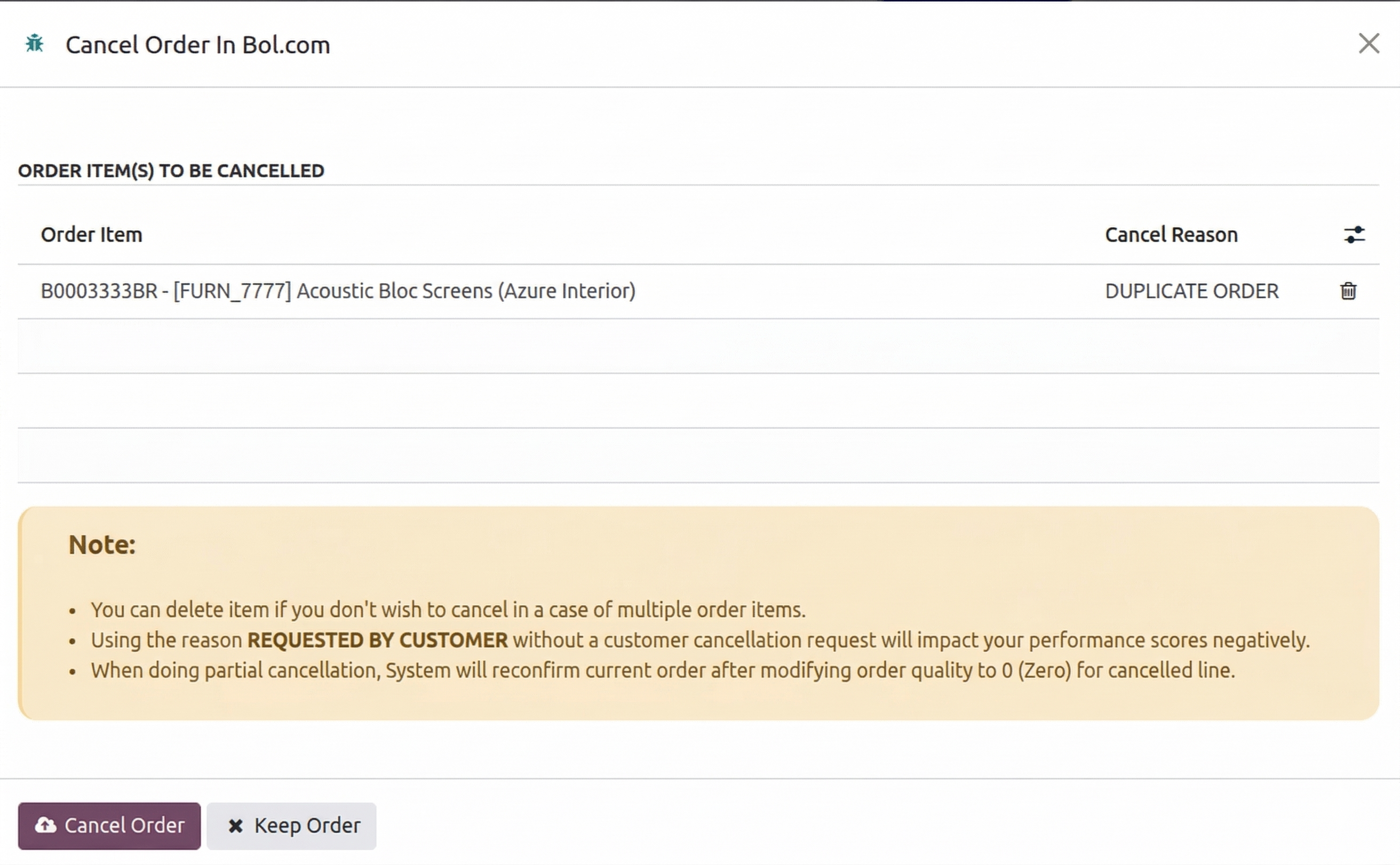 Bol.com Cancel Order Screen