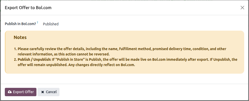 Bol.com Export Listing Option Popup
