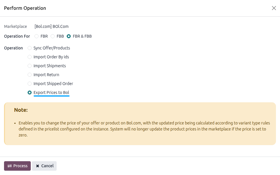Bol.com Export Price Operation Screen