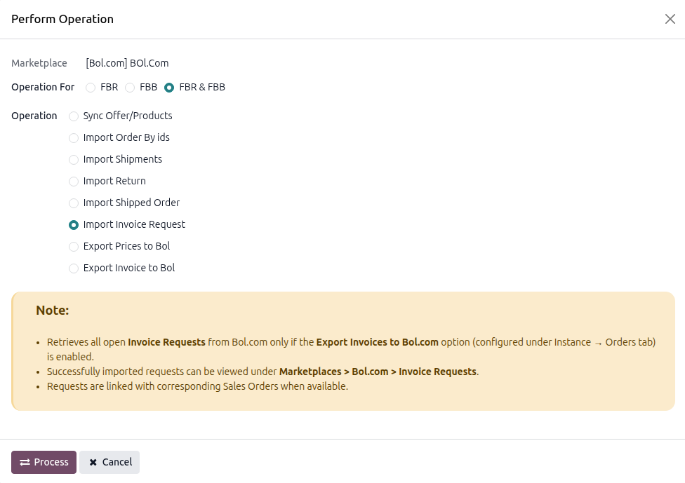 Bol.com Import Invoice Request Screen