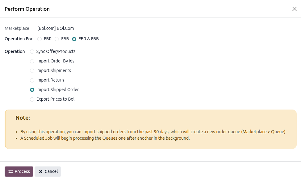 Bol.com Import Shipped Order Operation Screen