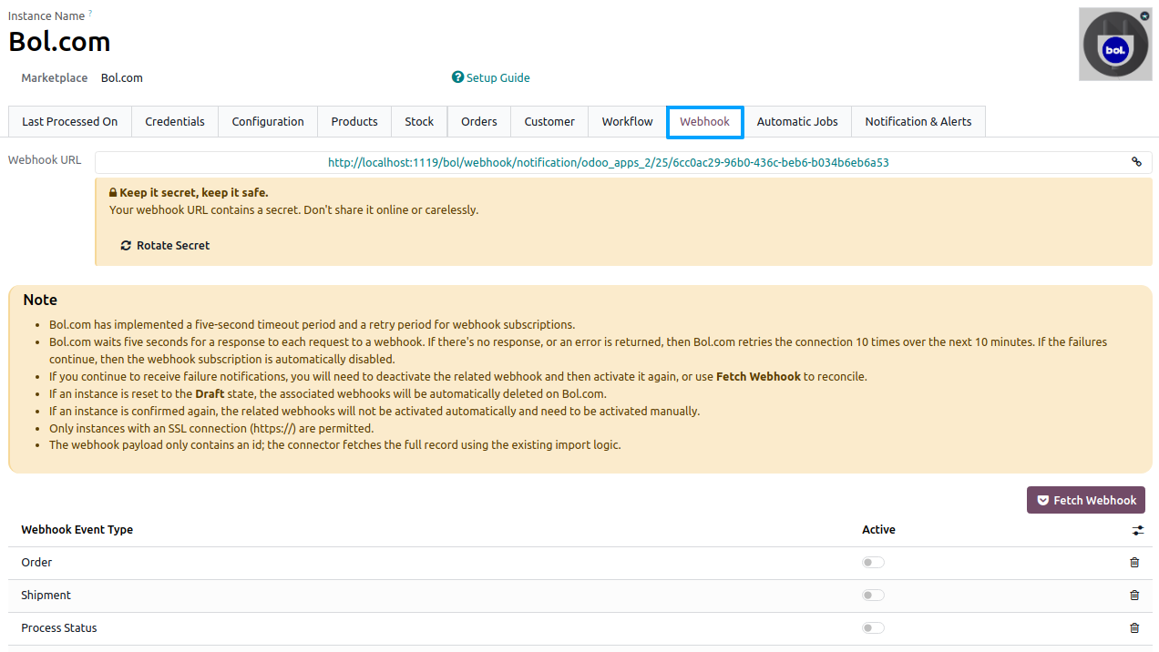 Bol.com Webhook Configurations