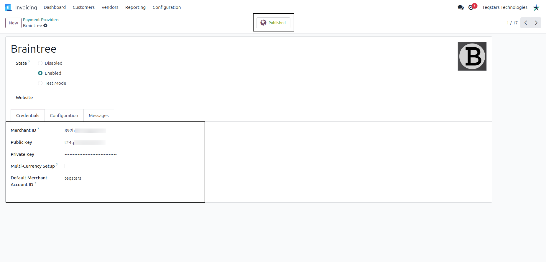 Braintree Credentials Configuration