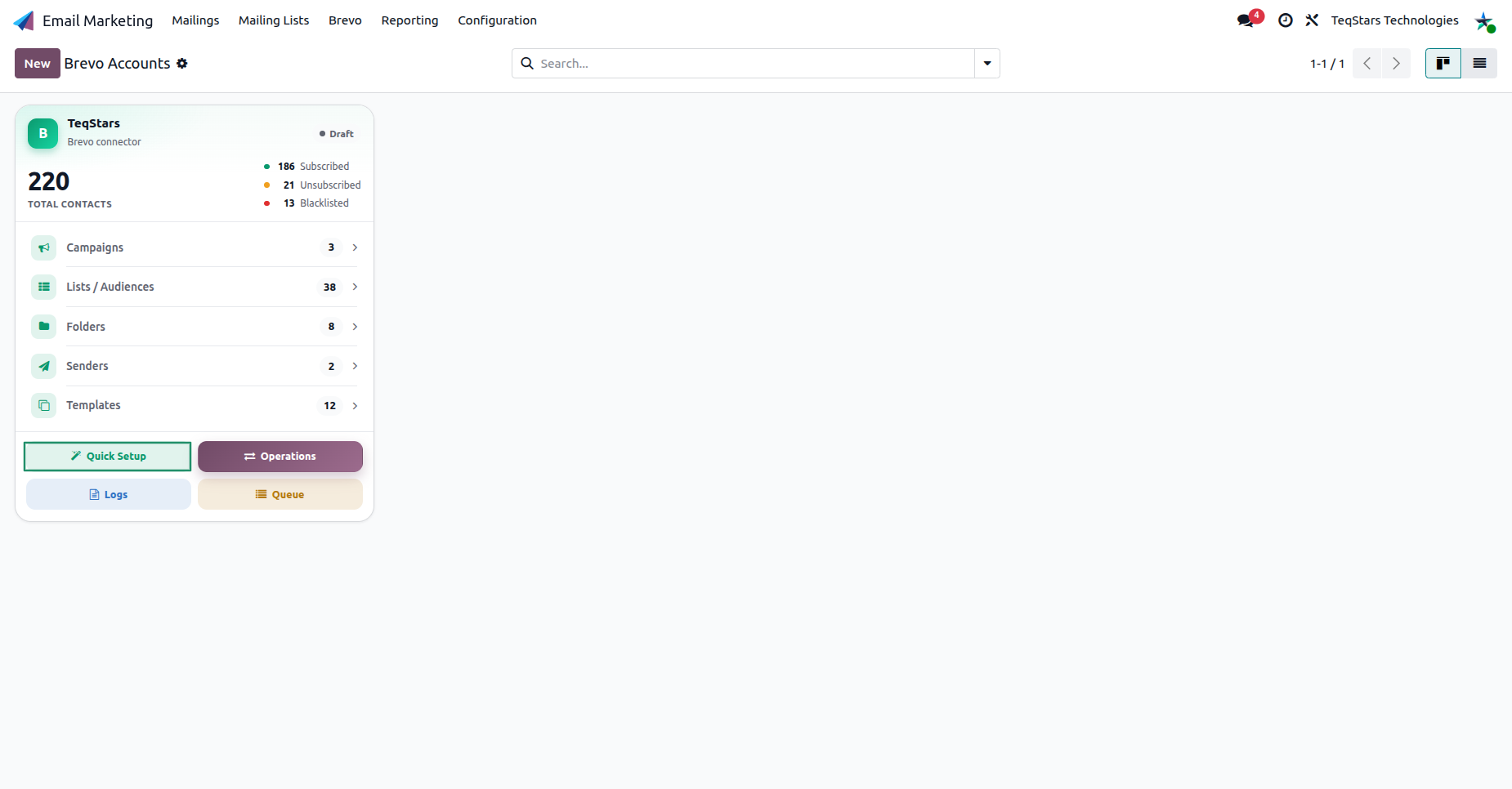 Brevo accounts dashboard in Odoo