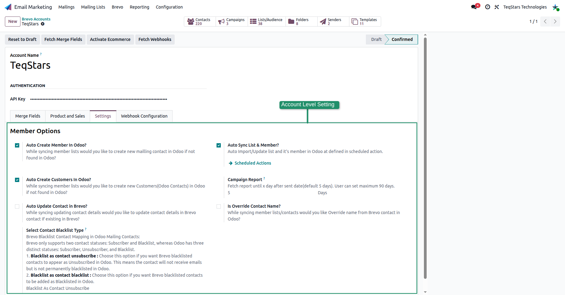 Brevo account Member Options
