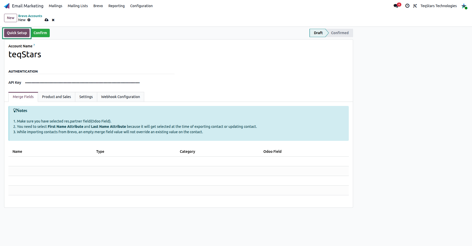 New Brevo account form in Draft, with Quick Setup and Confirm
