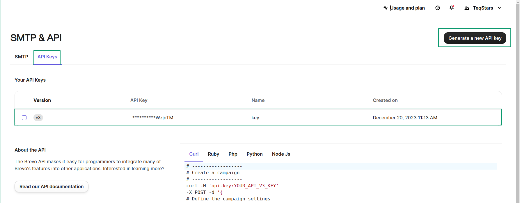 Brevo SMTP & API keys page