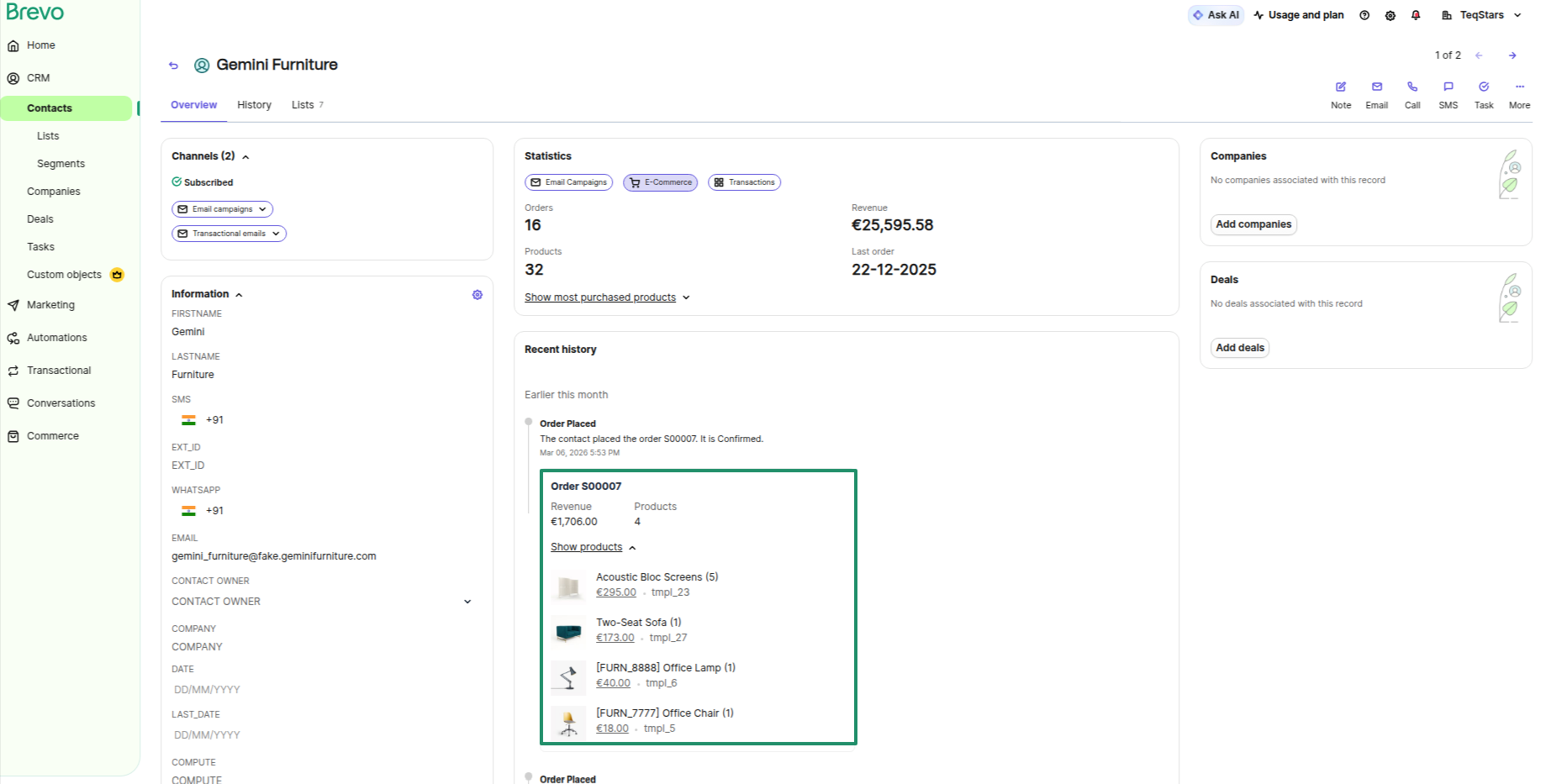 Brevo contact with order revenue and products