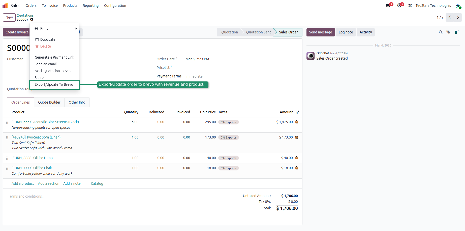 Export or update a sales order to Brevo
