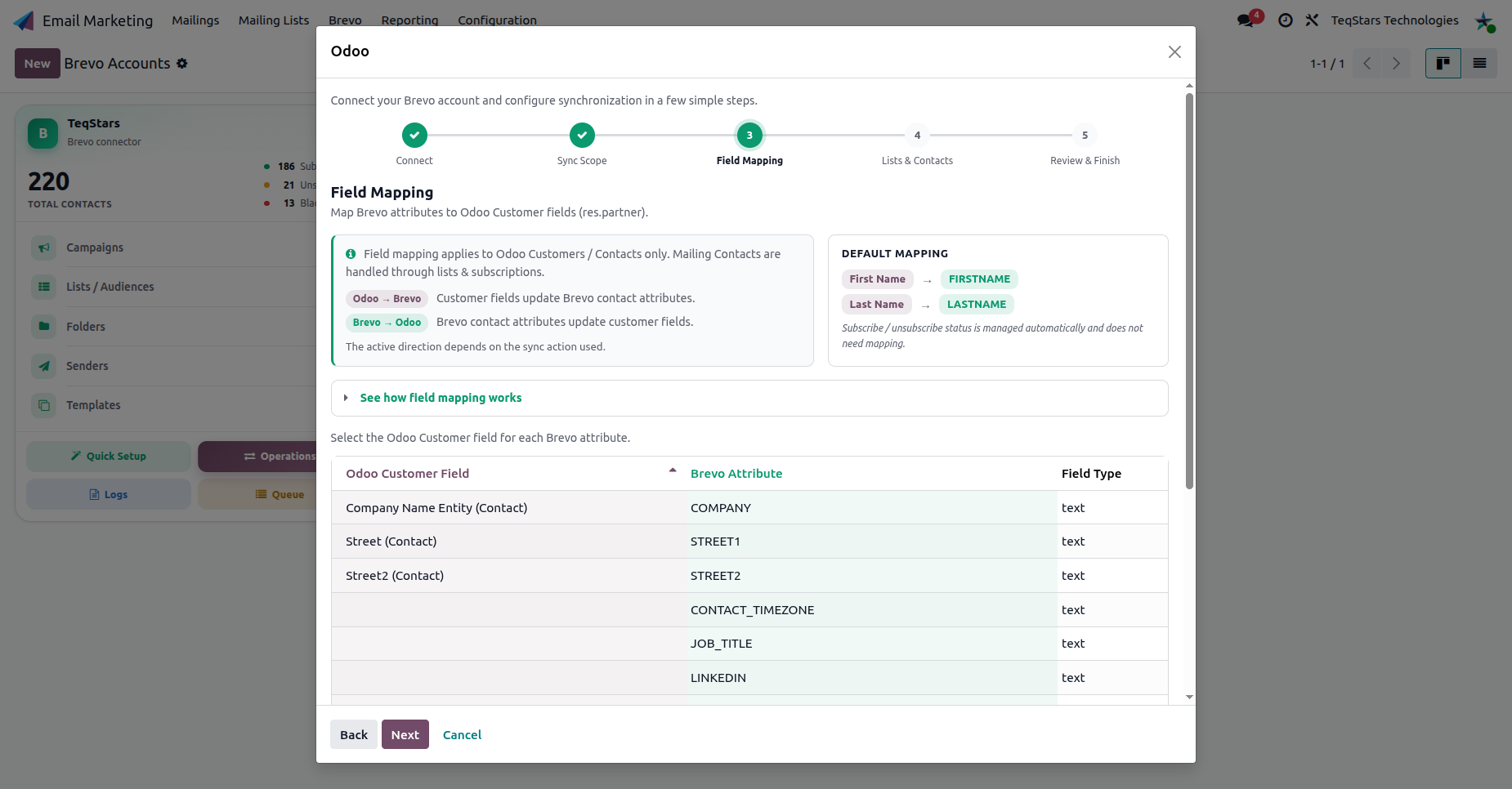 Quick Setup map Brevo attributes to Odoo fields