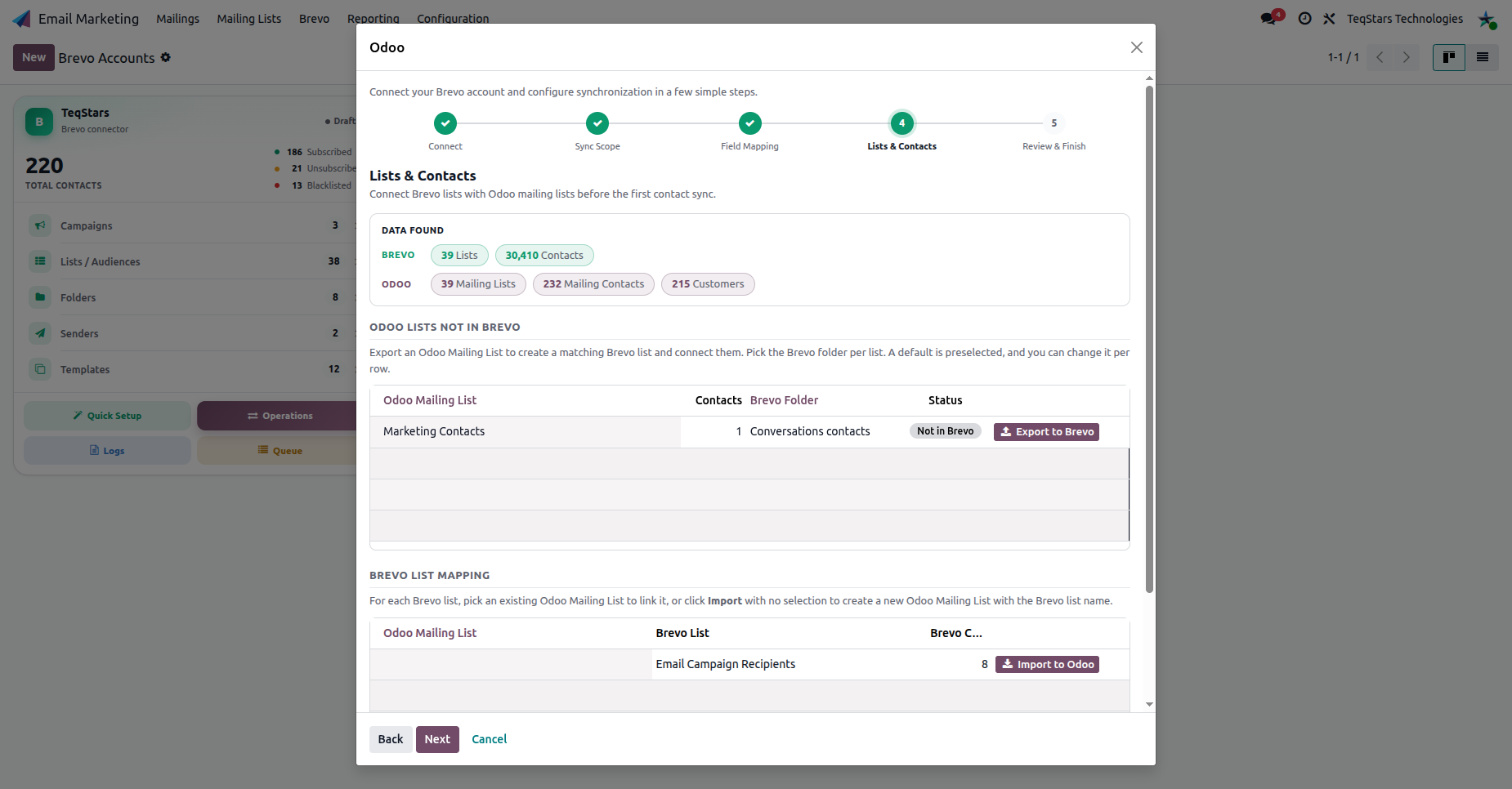 Quick Setup link Brevo lists with Odoo mailing lists