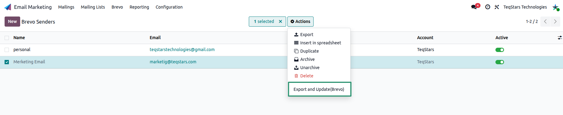 Export and Update(Brevo) action in the sender cog menu
