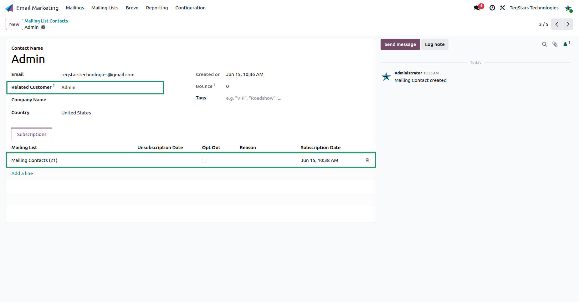 Mailing contact form with the Subscriptions tab