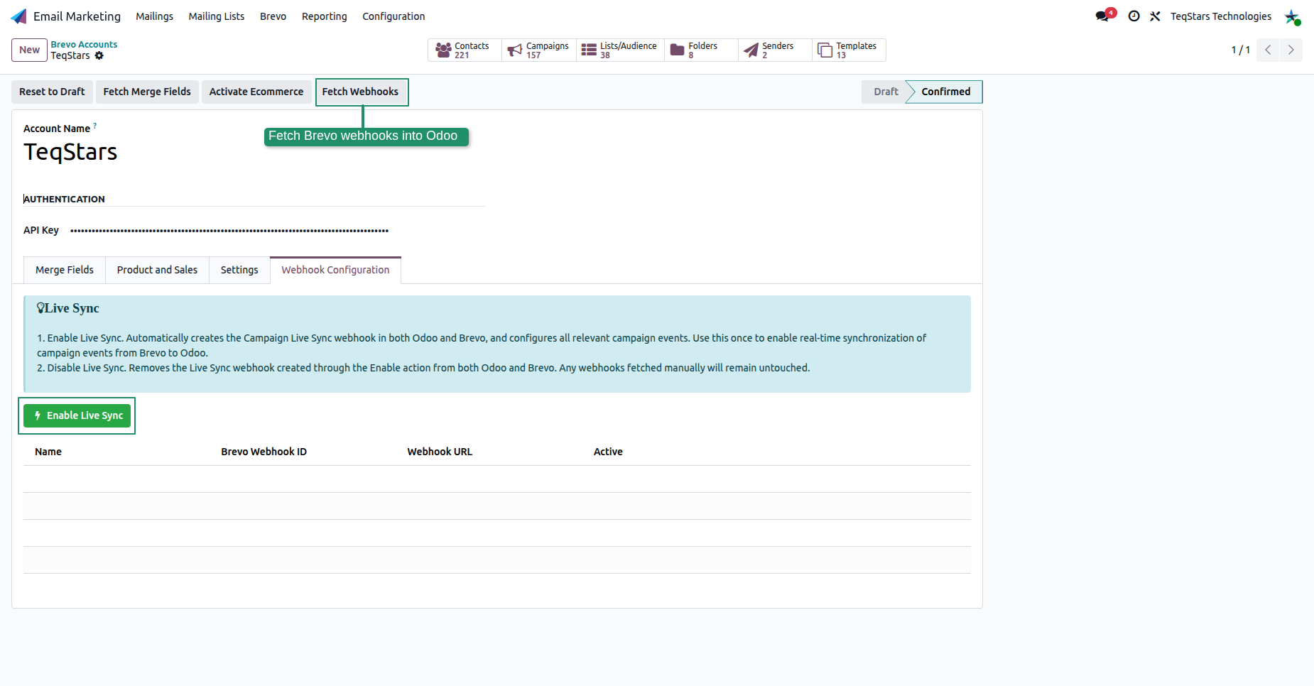 Webhook Configuration tab with Enable Live Sync