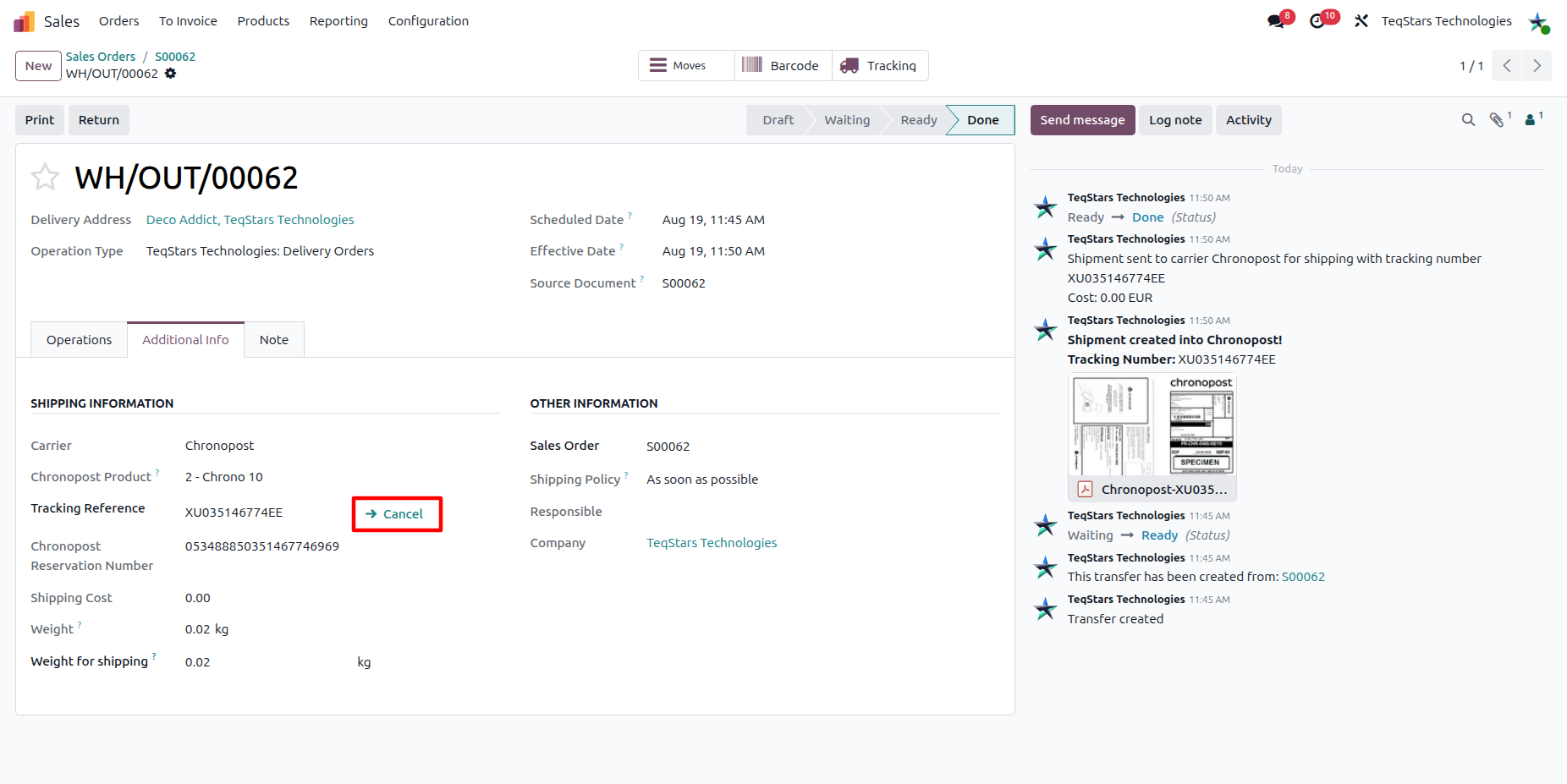 Cancel a Chronopost shipment with a single click.